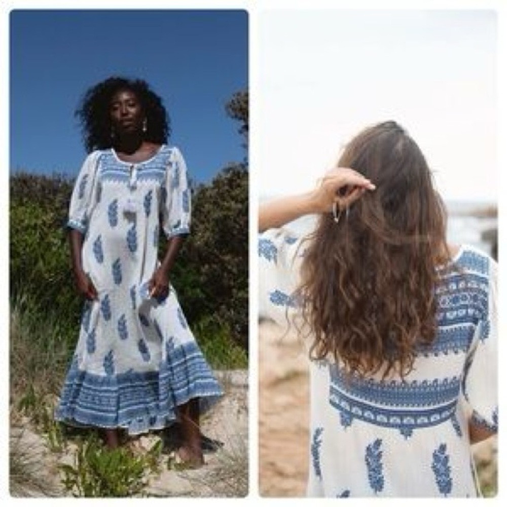 DAUGHTERS OF INDIA "Mishka" Blue & White Patterned Dress US SMALL